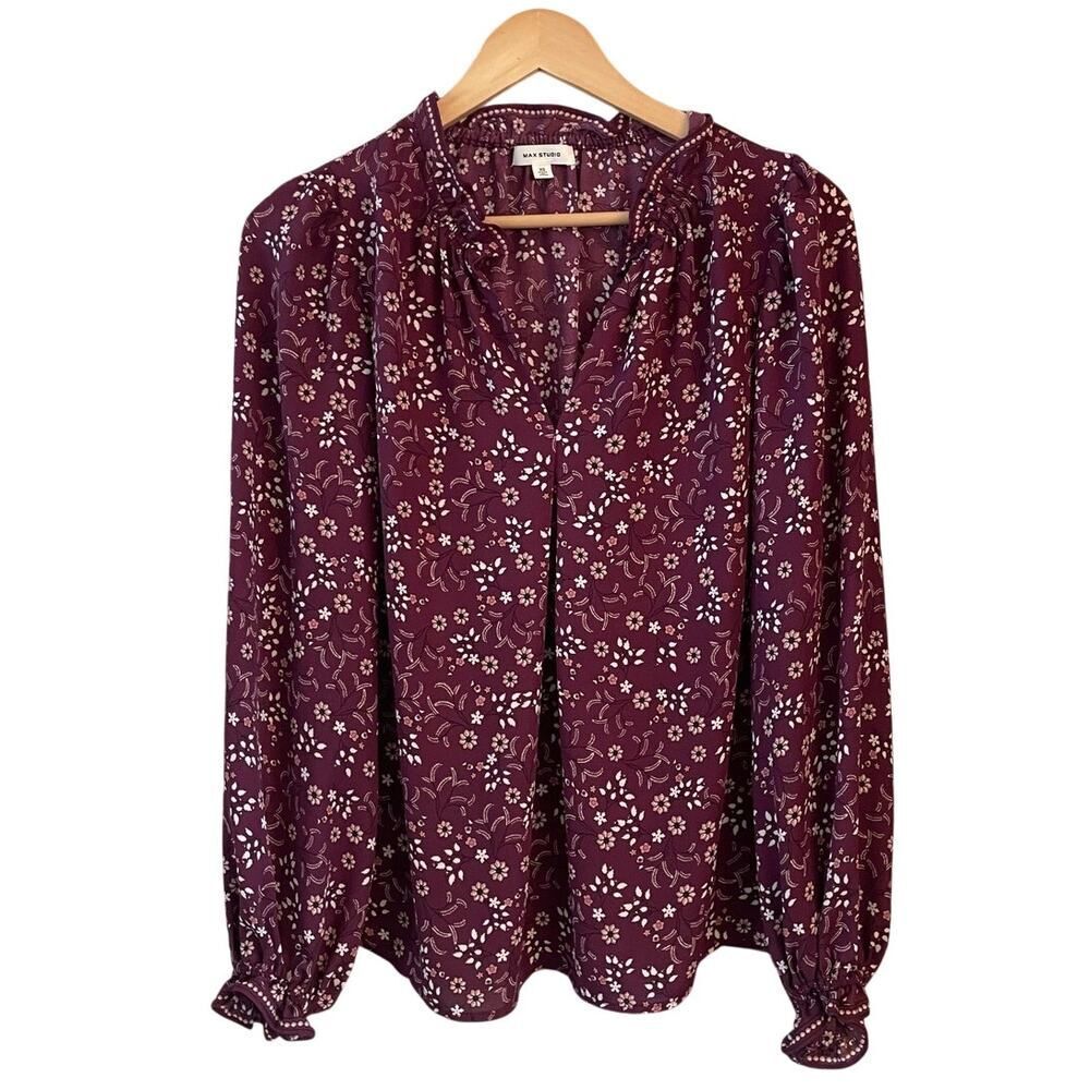Max‎ Studio Purple Floral Pring Long Sleeve Blouse Size XS